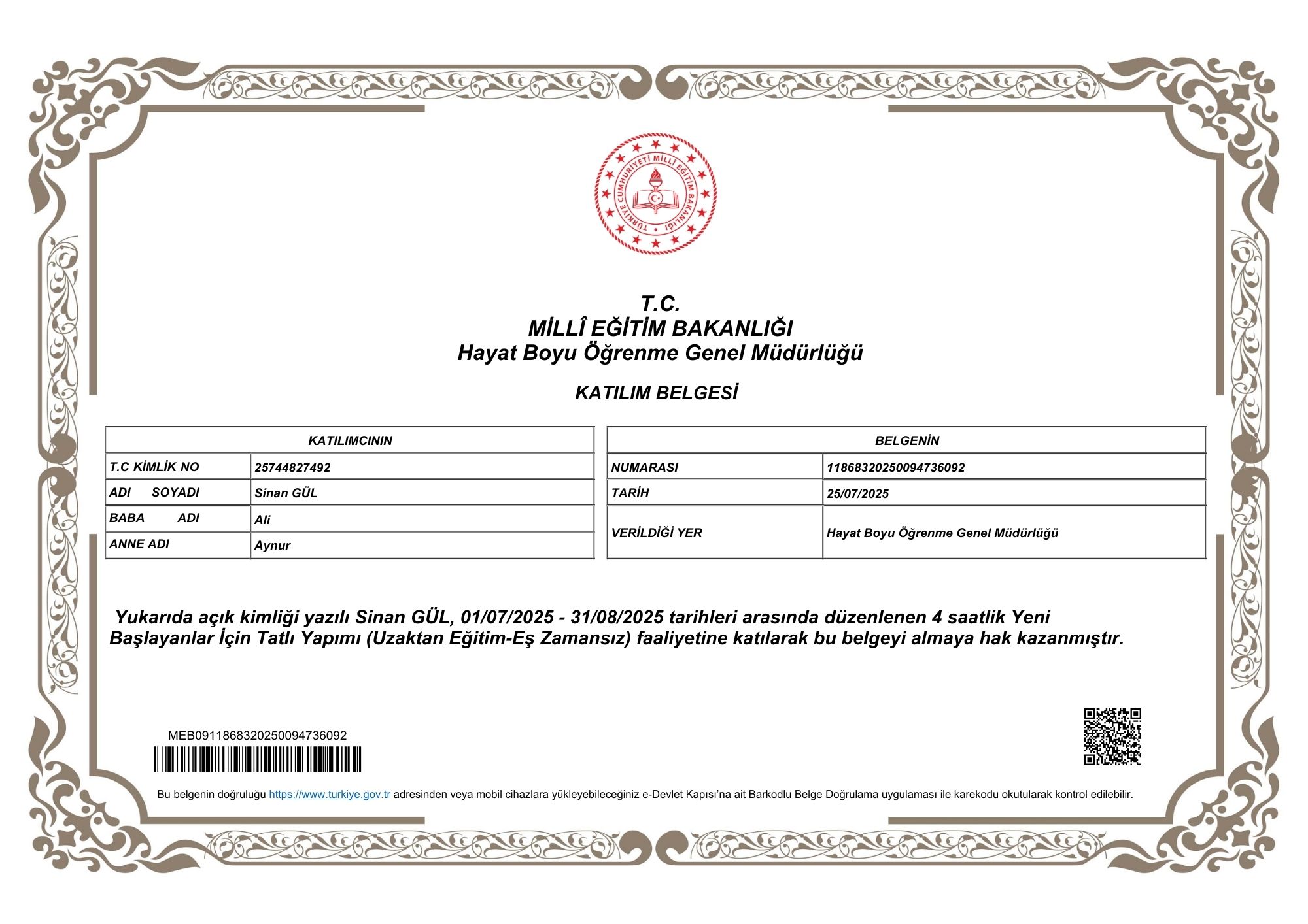 MEB YENİ BAŞLAYANLAR İÇİN TATLI YAPIMI EĞİTİMİ KATILIM BELGESİ