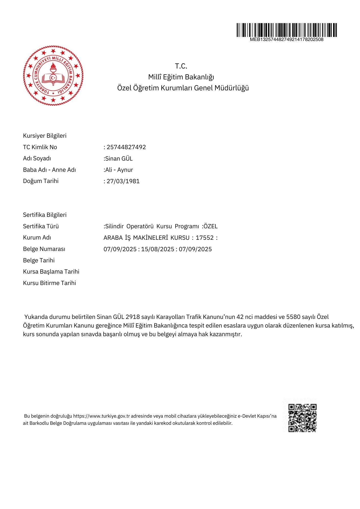 MEB SİLİNDİR OPERATÖRLÜK BELGESİ