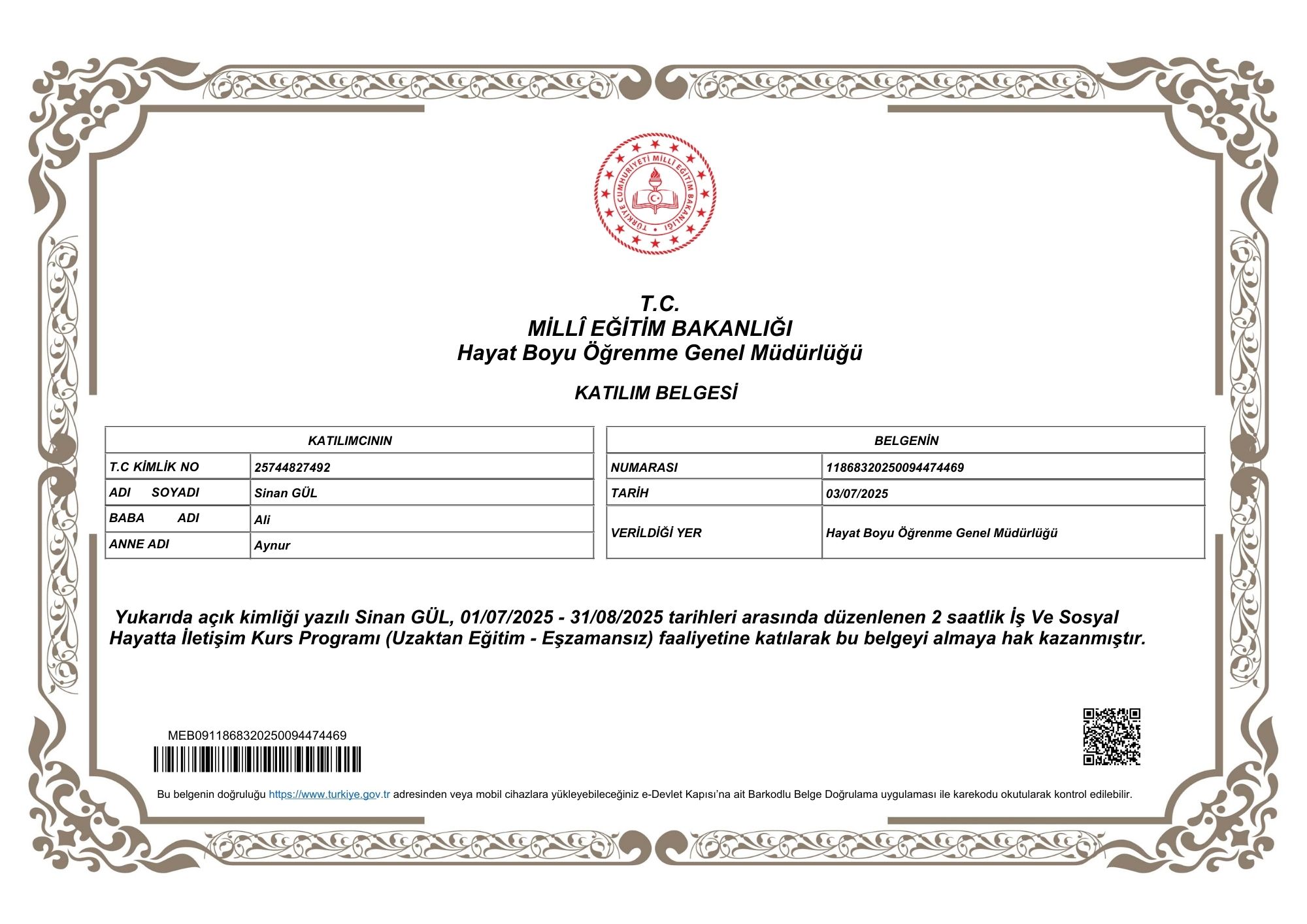 MEB İŞ VE SOSYAL HAYATTA İLETİŞİM EĞİTİM KATILIM BELGESİ