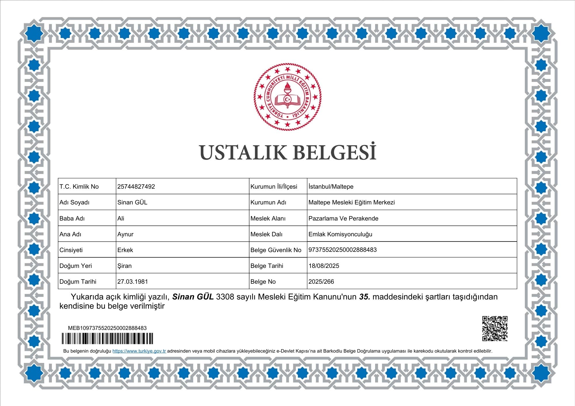 MEB EMLAK KOMİSYONCULUĞU USTALIK BELGESİ