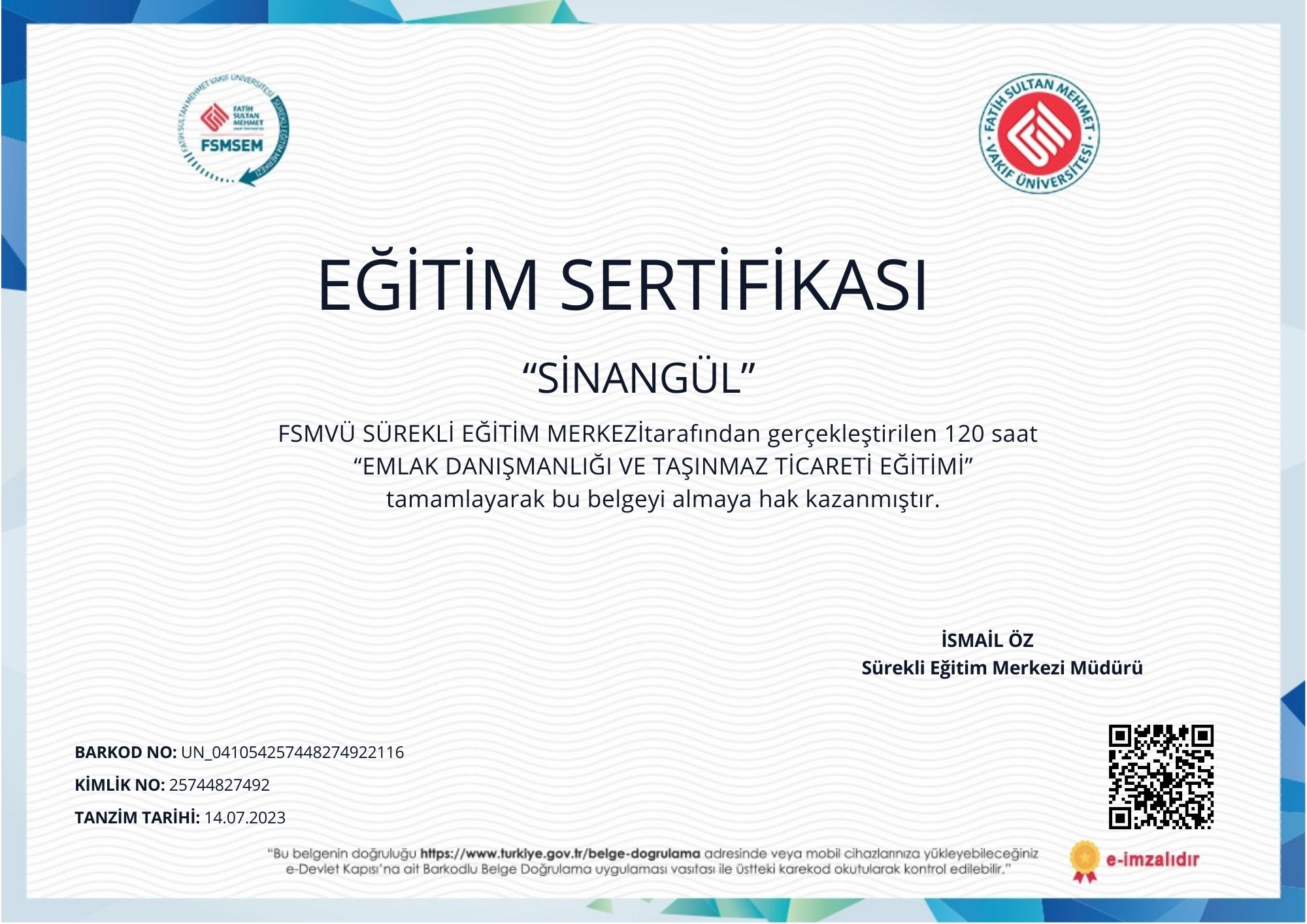 EMLAK DANIŞMANLIĞI VE TAŞINMAZ TİCARETİ EĞİTİMİ KATILIM BELGESİ