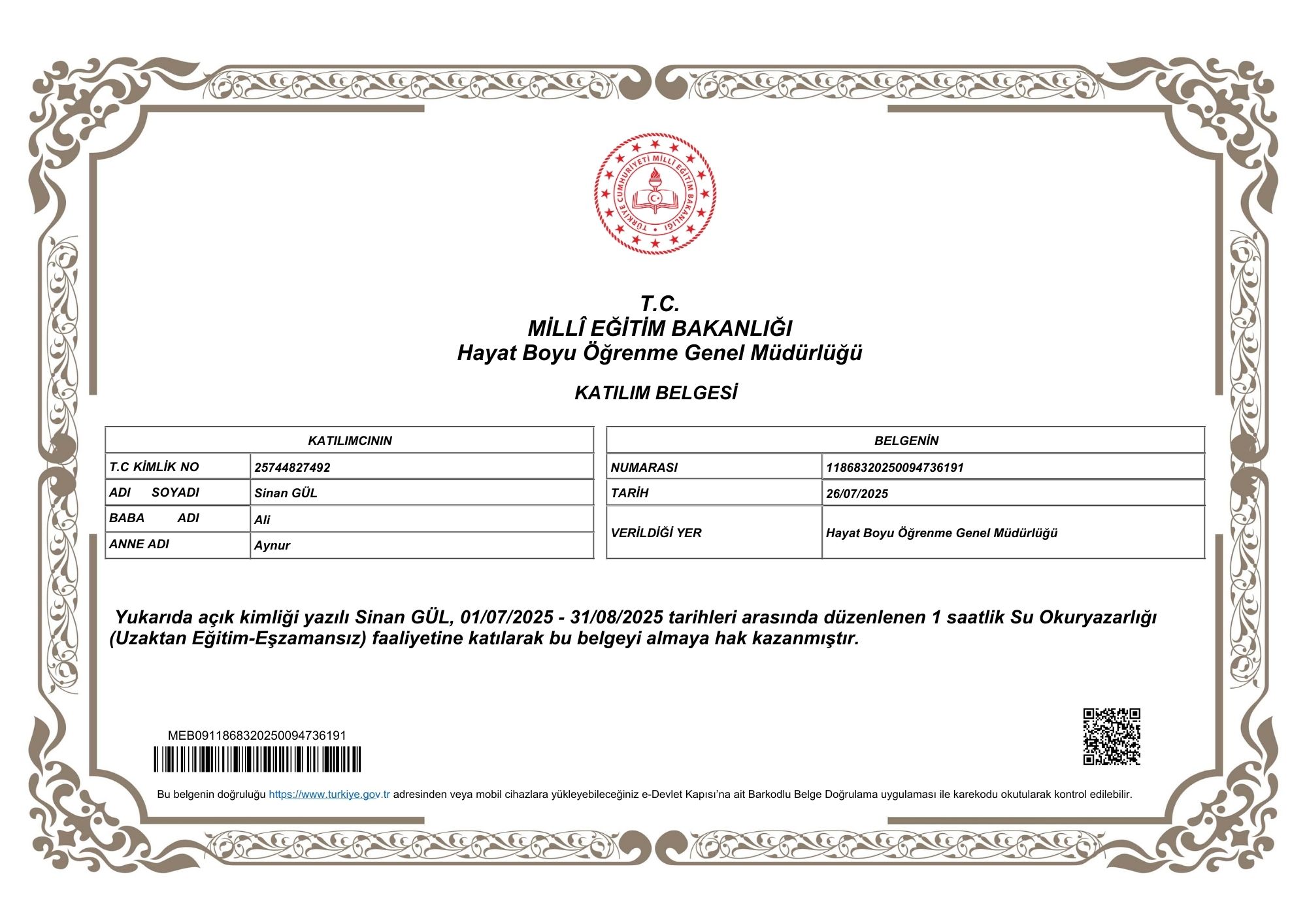 MEB SU OKUR YAZARLIĞI EĞİTİMİ KATILIM BELGESİ