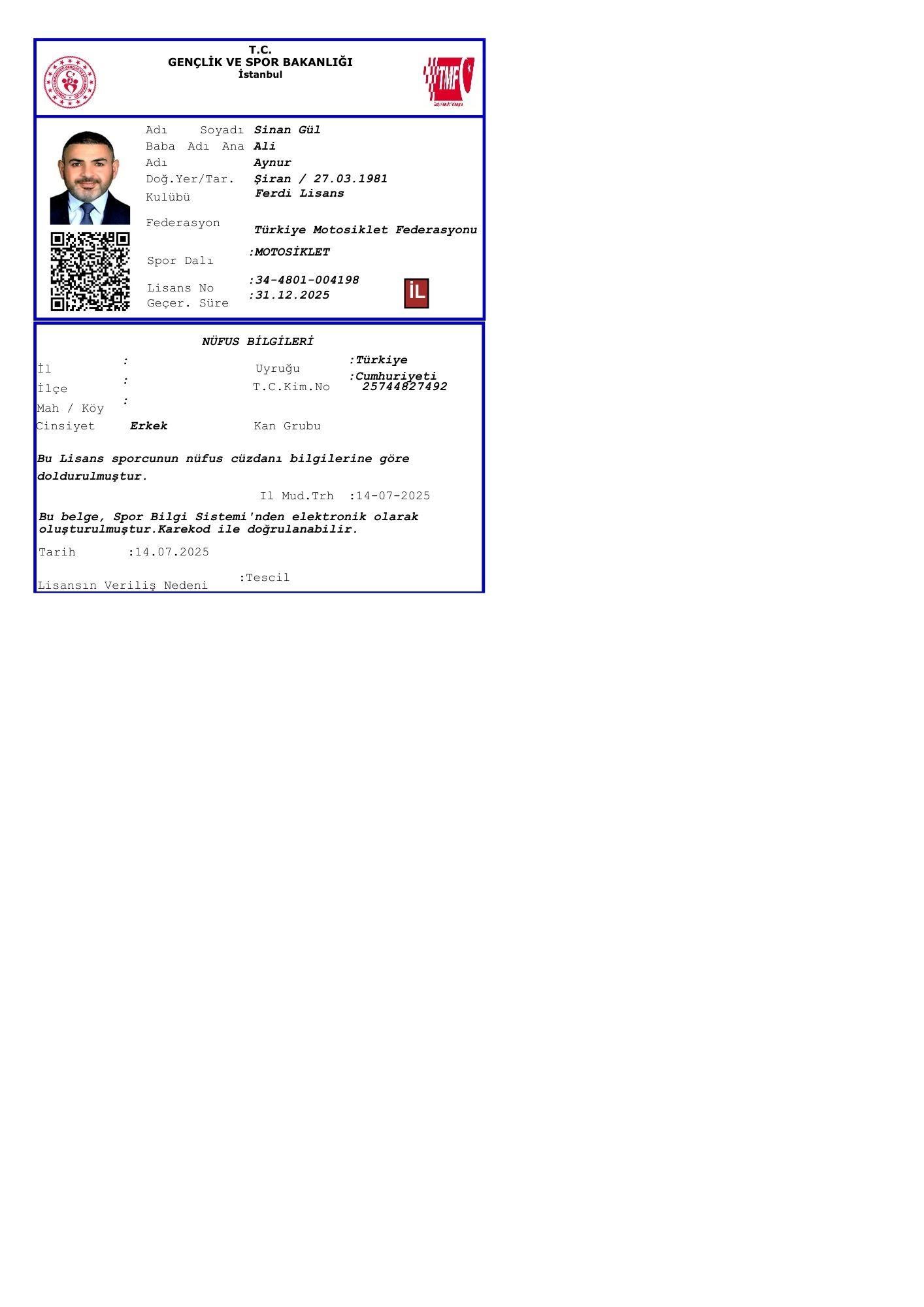 MOTOSİKLET SPOR LİSANSI