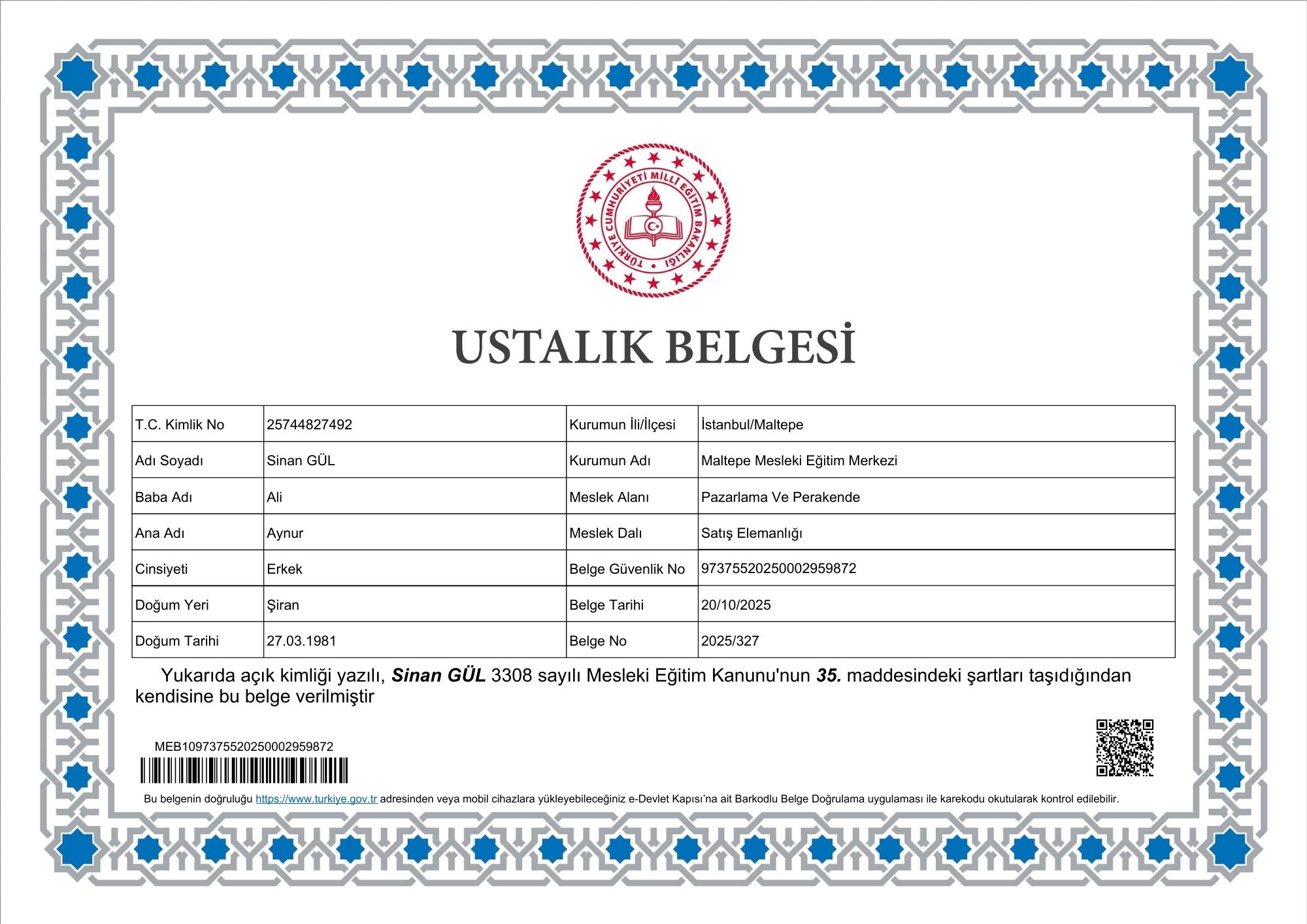 MEB SATIŞ VE PAZARLAMA USTALIK BELGESİ