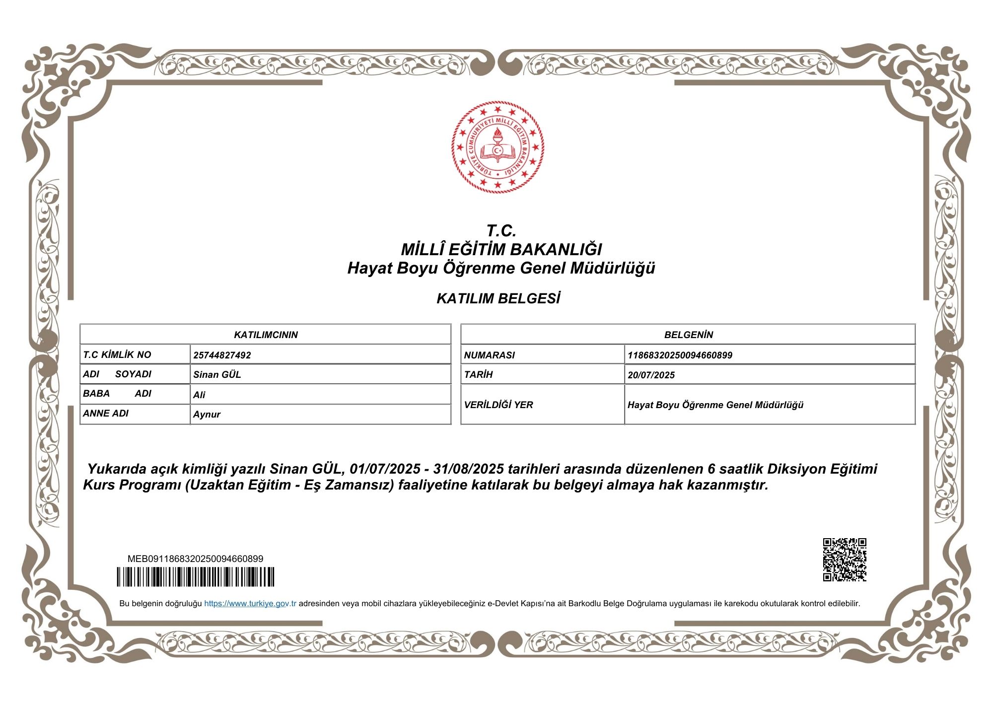 MEB DİKSİYON EĞİTİMİ KATILIM BELGESİ