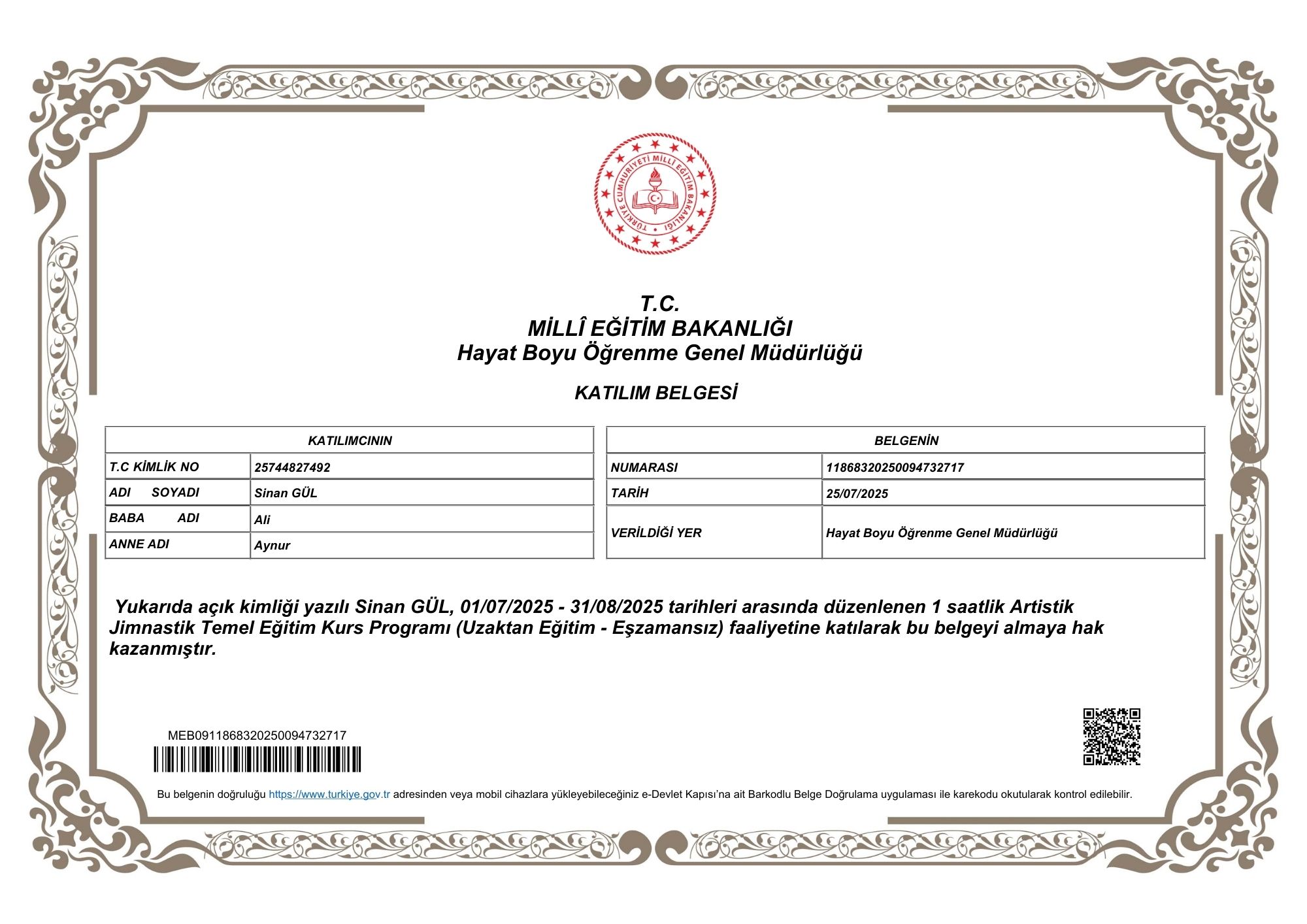 MEB ARTİSLİK CİMNASTİK EĞİTİMİ KATILIM BELGESİ