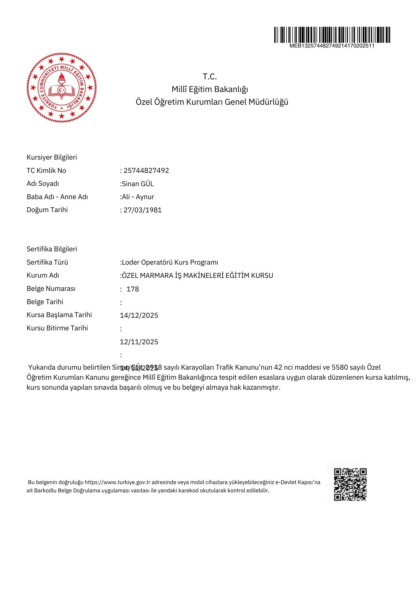 MEB LODER OPERATÖRLÜK BELGESİ