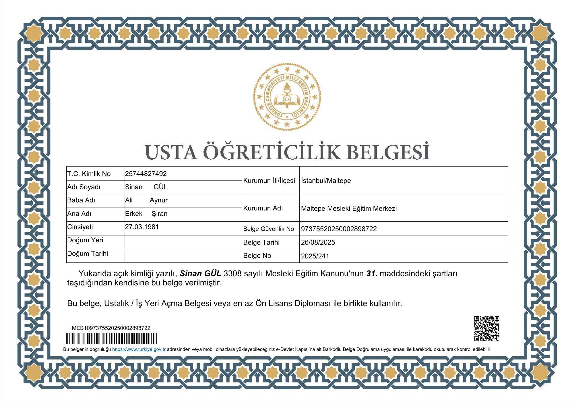 MEB USTA ÖĞRETİCİLİK BELGESİ
