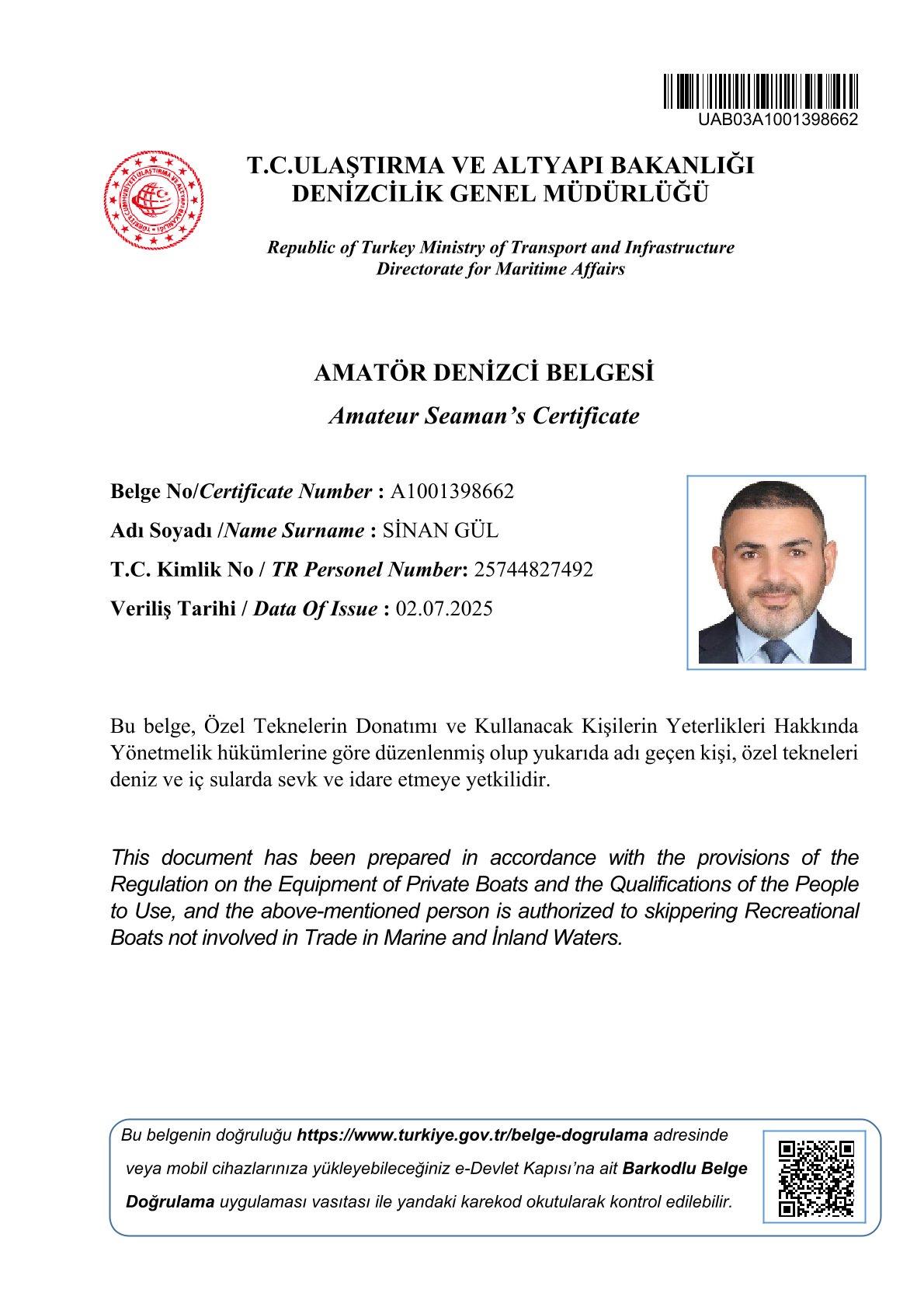 AMATÖR DENİZCİLİK BELGESİ