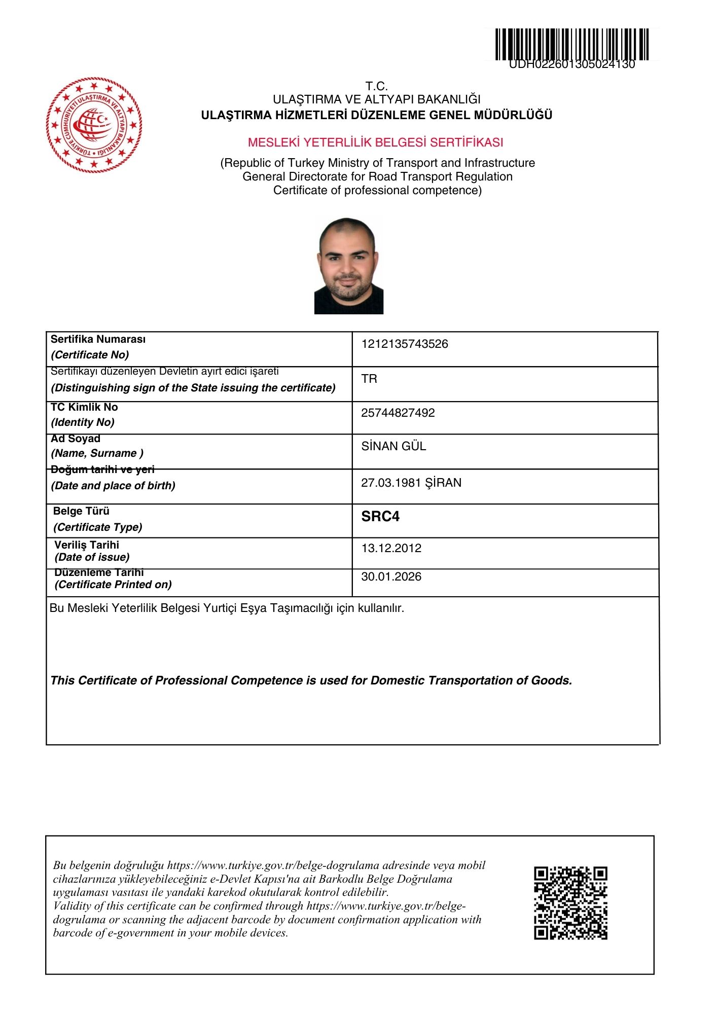 ULAŞTIRMA BAKANLIĞI SRC 4 BELGESİ